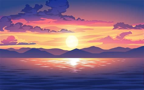 Premium Vector Beautiful Cloudy Sunset Illustration With Mountain And Water