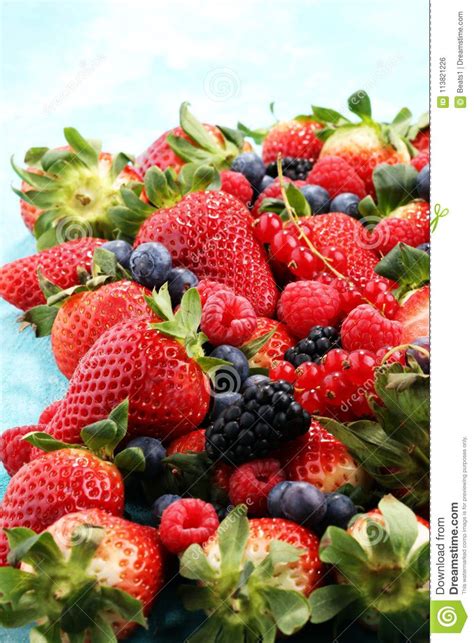 Berries Overhead Closeup Colorful Assorted Mix Of Strawberry Bl Stock