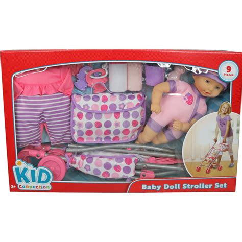 Kid Connection 9 Piece Baby Doll Stroller Play Set Purple And Pink