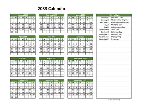 Printable 2033 Calendar With Federal Holidays