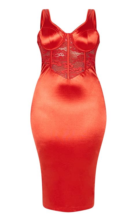 Red Satin Bustier Lace Insert Midi Dress Prettylittlething