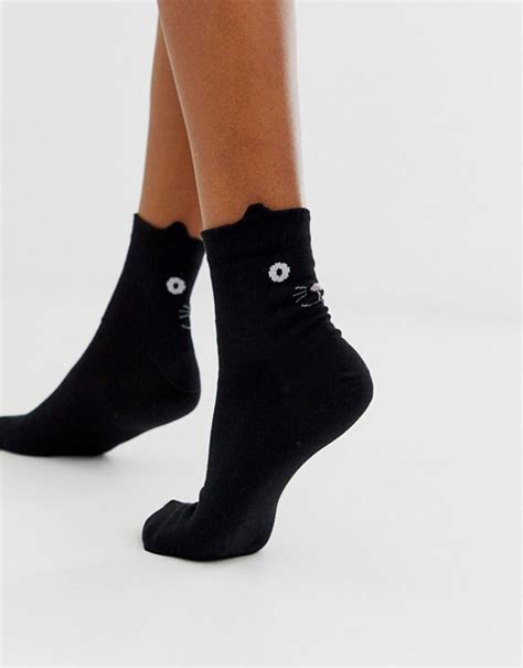 Asos Design Cat Face Ankle Socks In Black Asos In 2020 Ankle Socks