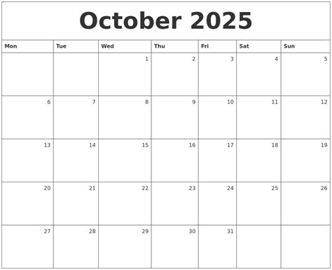 October 2025 Monthly Calendar
