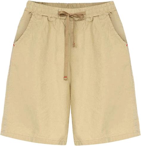 Womens Shorts Summer Casual Pockets Drawstring Elastic Waist Solid Beach Shorts Khaki Amazon