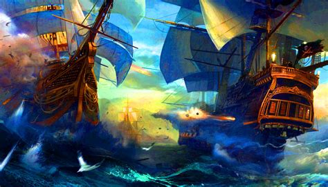 Pirate Ships In Battle By Piotr Krezelewski Piratas Arte