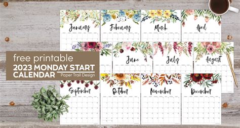 Free Printable 2023 Floral Calendar Monday Start Paper Trail Design