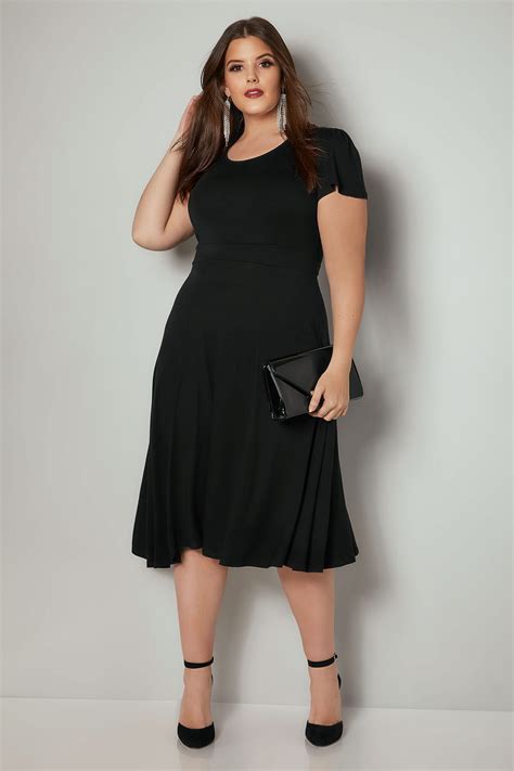 Black Fit And Flare Skater Dress With Tie Waist And Flute Sleeves Plus Size 16 To 36