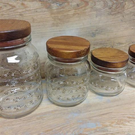 Glass Canister Set With Dark Wood Lids Covers Brown White Etsy