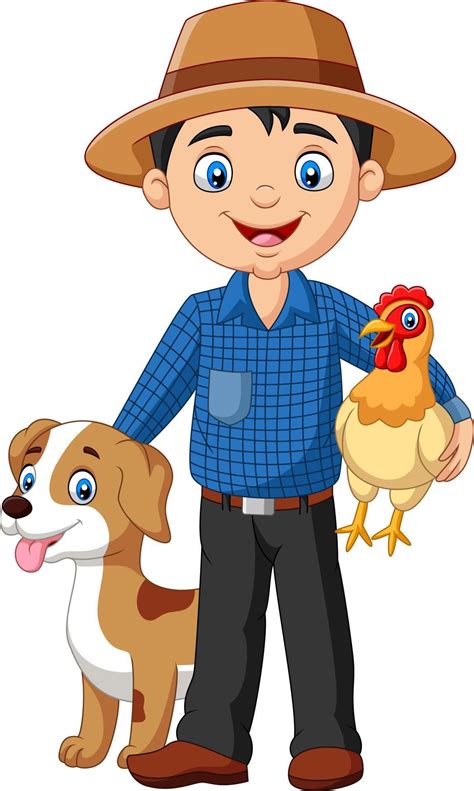 Cartoon Young Farmer With Hen And Dog Young Farmers Cartoon Free Dogs