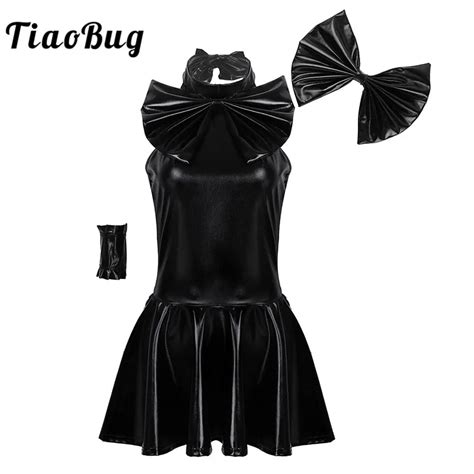 tiaobug women black wet look faux leather anime cosplay costume bowknots fancy halter mini dress