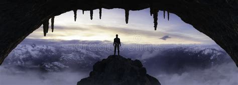 Dramatic Adventurous Scene With Man Standing Inside A Cave Stock Photo