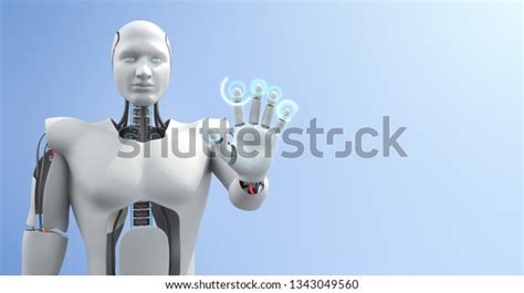 Futuristic Advanced Humanoid Robot Controlling Computer Stock