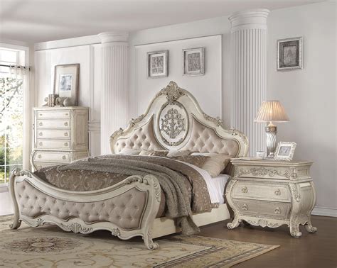 Antique white bedroom furniture sets. Luxury Beige Linen/Antique White King Bedroom Set 5P ...