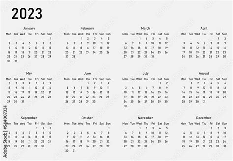 Calendar 2023 Year Vector Illustration The Week Starts On Monday