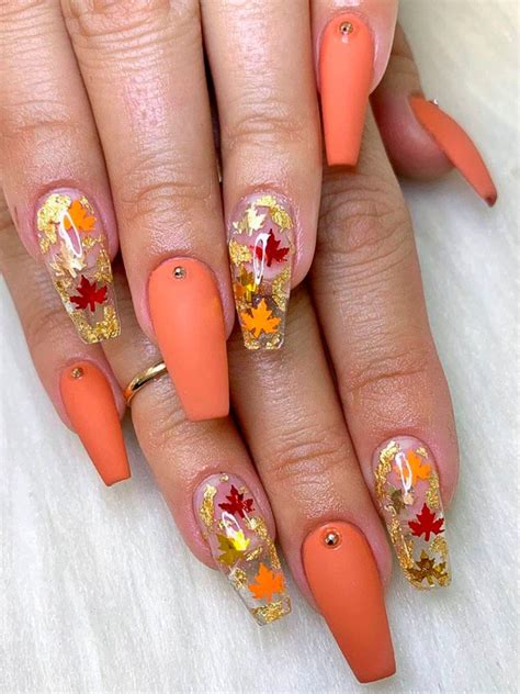 Cute Coffin Shaped Matte Orange Fall Nails Combined With Clear Nail Coffin Tips Which Adorned