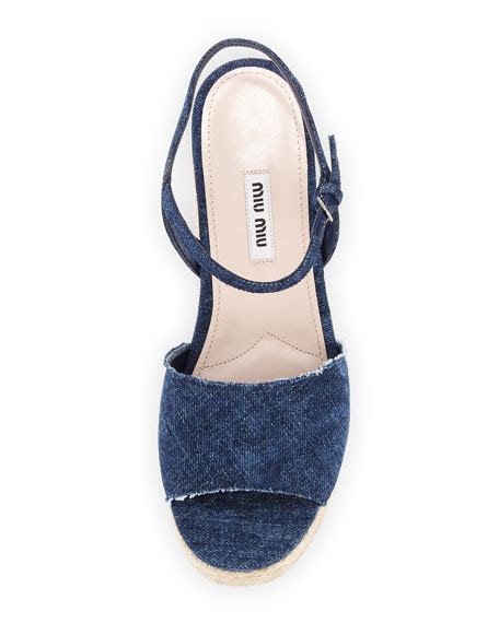 Miu Miu Denim Platform Espadrille Wedge Sandal Bleu