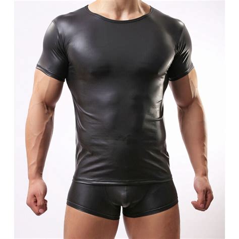 Plus Size Strong Mens Hot Sexy Faux Leather Black T Shirt Short Sleeves