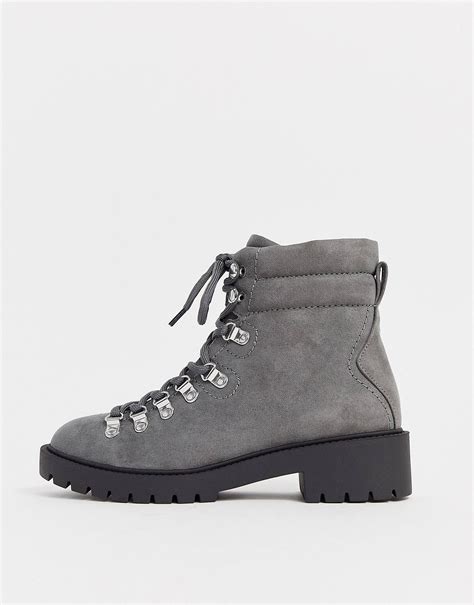 new look lace detail chunky flat hiker boots in mid grey asos boots chunky flats hiking boots