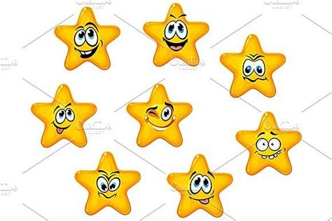 Yellow Stars With Emotional Faces Cartoon Styles