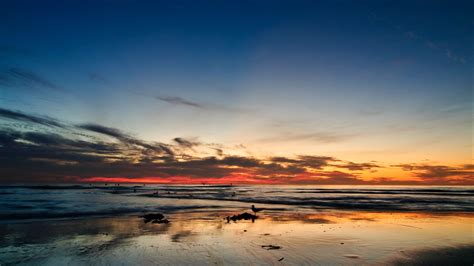 Ocean Sunset Horizon Sand Silhouettes California 4k Hd Wallpaper