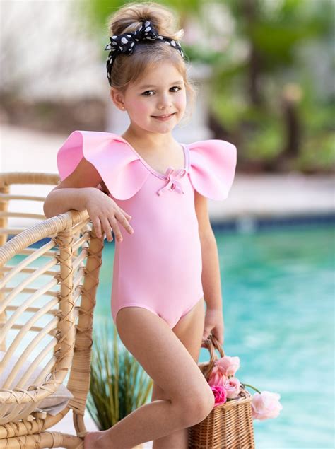 Little Girls Pink Ruffle Shoulder One Piece Swimsuit Mia Belle Girls