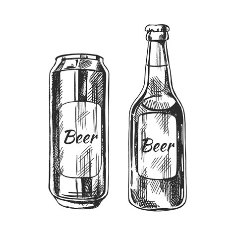 Hand Drawn Sketch Of Beer Can And Bottle Isolated On White Background