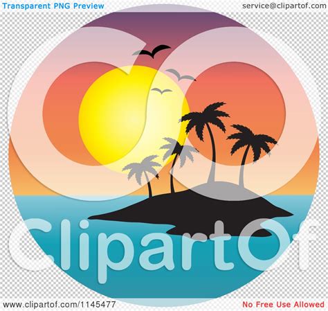 Clipart of a Circle Scene of Gulls and a Sunset over Silhouetted Tropical Island - Royalty Free ...
