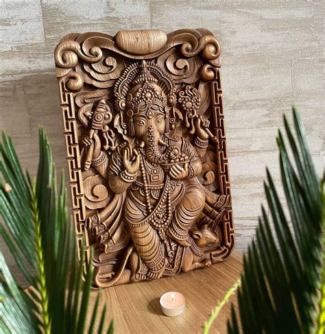 Carving Wooden Ganesha Wooden Carved Picture Ganesha Wall Art Etsy Etsy Wall Art Indian