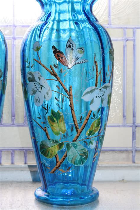 Large Blue Glass Victorian Vases Pair Hand Painted Butterflies Flowers