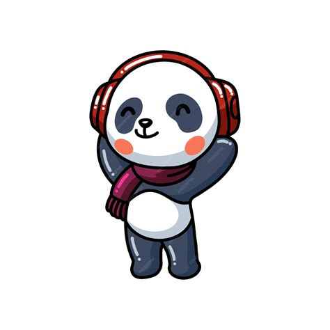 Cute Little Panda Escuchando Música Con Dibujos Animados De Auriculares