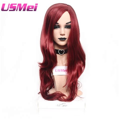 Usmei 30 Inches Long Wavy Wigs For Women Crimson Red Cosplay Hair