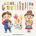 Watercolor kids with art school materials | Free Vector