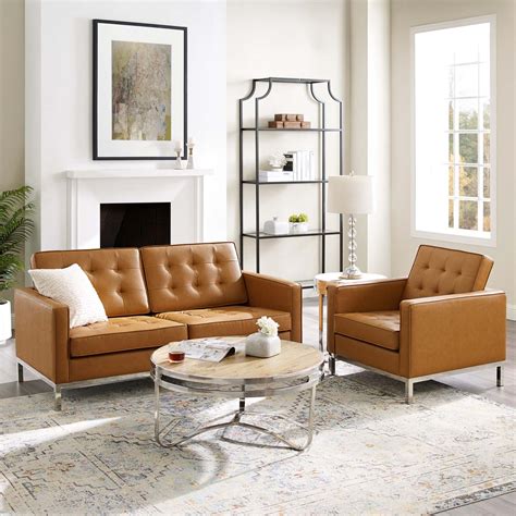 Loft Tufted Upholstered Faux Leather Loveseat And Armchair Set Silver Tan