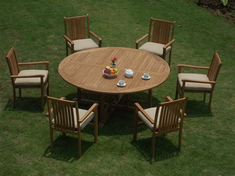 Teak Dining Set6 Seater 7 Pc 72 Round Table And 6 Cahyo Stacking Arm