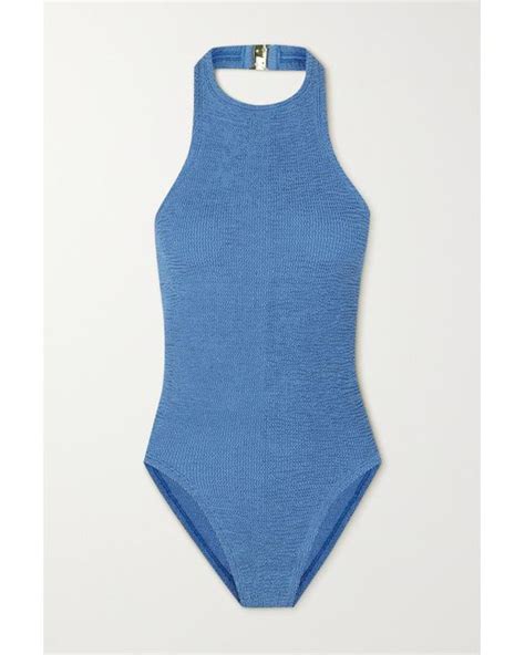 Hunza G Net Sustain Polly Metallic Seersucker Halterneck Swimsuit In