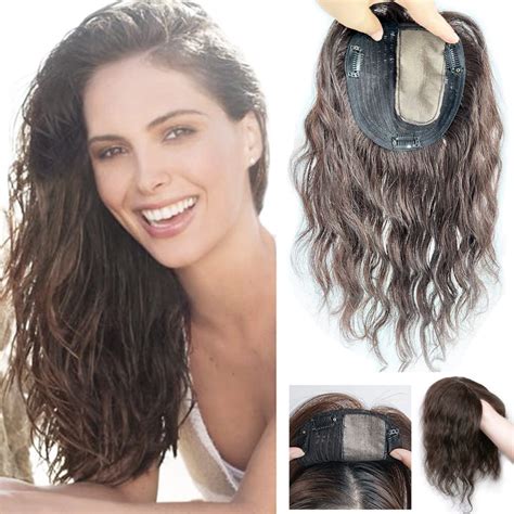 Icrab 12 Women Natural Wavy Human Hair Toppers Left Part Silktop 13x14cm Seamless
