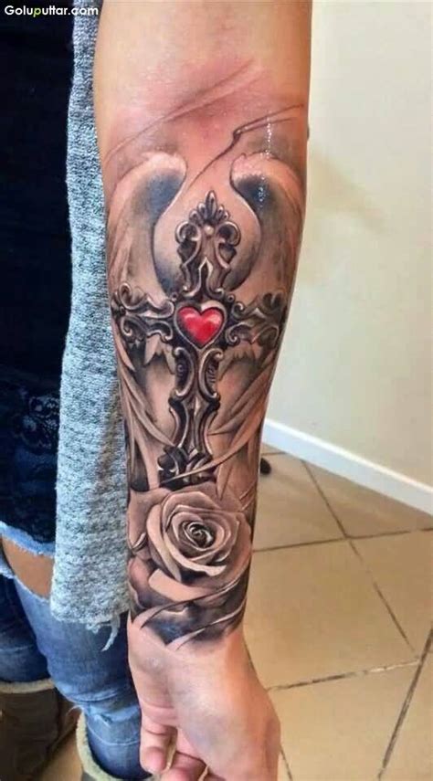 All the best rose tattoo drawing designs 40+ collected on this page. Marvelous Red Rose And Traditional Cross Tattoo On Men's ...