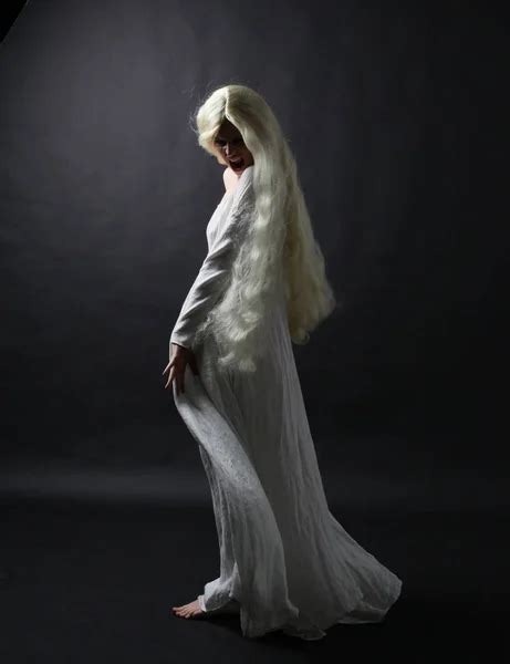 Ghostly Full Length Portrait Woman Long Blonde Hair Wearing White Stock