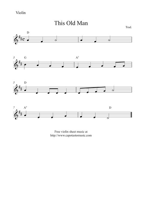 We have a large violin sheet music collection, with about 860 titles, as for violin and piano and also, for violin solo. Free easy violin sheet music | This Old Man