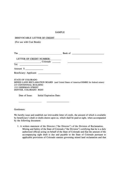 Irrevocable Letter Of Credit Template For Use With Coal Bonds