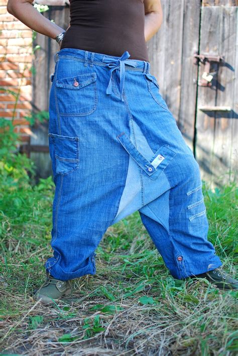 recycled denim patchwork harem pants upcycled jeans yoga pants etsy