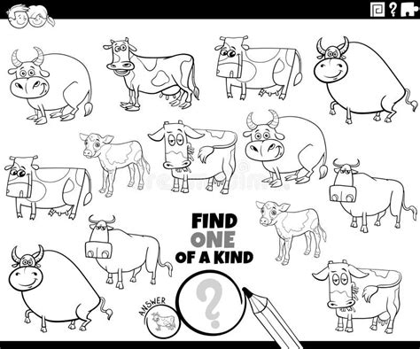 One Of A Kind Game With Cartoon Cows Farm Animals Coloring Page Stock