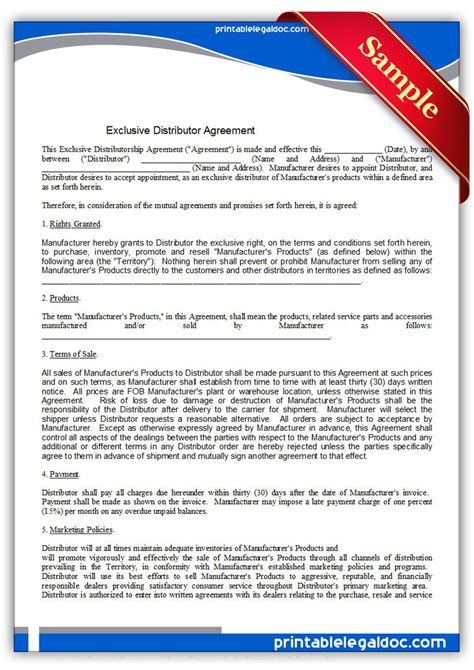 Free Printable Distributor Agreement Exclusive Form Generic