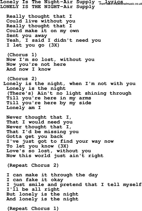 Love Song Lyrics For Lonely Is The Night Air Supply