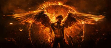 Fantasy Male Angels Artwork Design Fire Wings Wallpaper 2499x1080