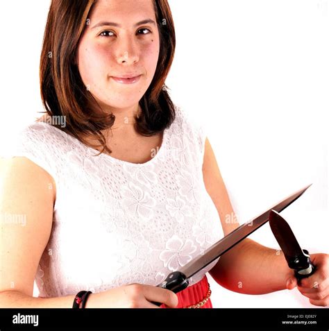 Girl With Knife Stock Photo Alamy