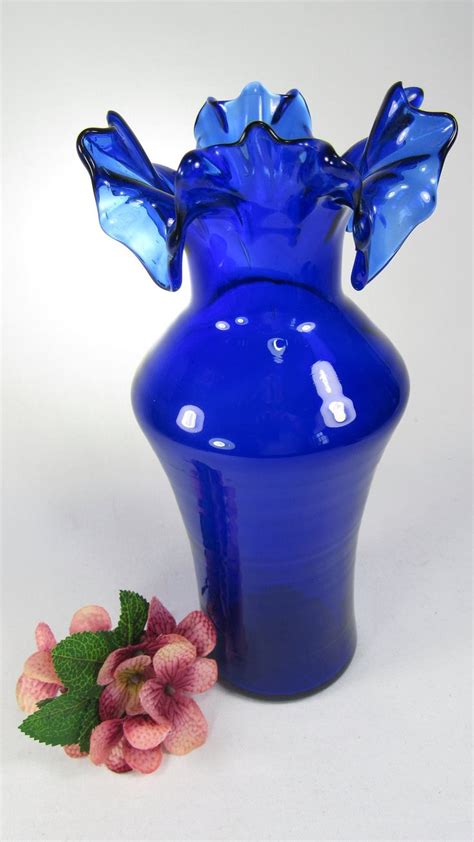 Beautiful Vintage 1970s Hand Blown Cobalt Blue Vase With Ruffled Edge