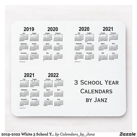 2019 2022 White 3 School Year Calendars By Janz Mouse Pad Custom