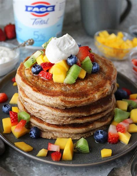 Add a dollop of whipped cream to the pancakes to make them extra decadent! Easy Greek Yogurt Pancakes Recipe - Savory Spin