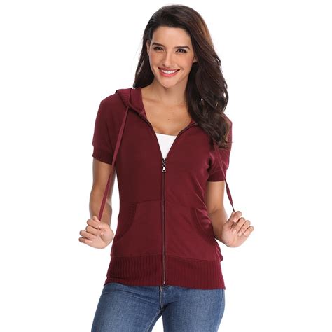 Womens Casual Short Sleeve Hoodie Zip Up Sweatshirt Kangaroo Pocket